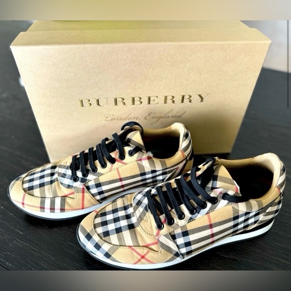 Burberry Men's Plaid Sneakers - Black, Tan, and Red - Picture 1 of 7